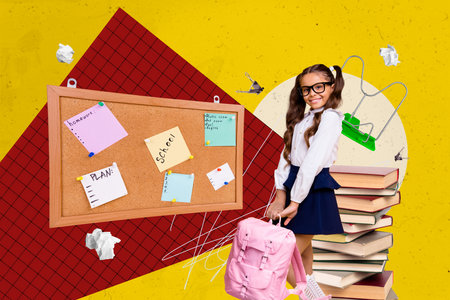 Exclusive artwork collage of happy schoolgirl stand book stack education noticeboard sticker hold rucksack lesson preparationの写真素材