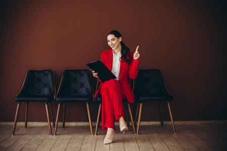 Stunning Confident Businesswoman in Red Suit Holding Clipboard Gestures in Office Settingの写真素材