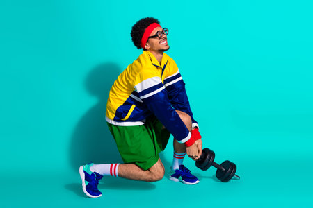 Young man in retro activewear exercising with dumbbell against a vibrant teal backdrop showcasing...