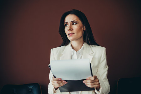 Beautiful woman in business attire holding papers and expressing concern against a brown background in a professional settingの写真素材