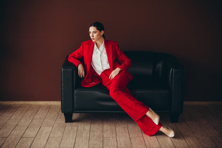 Confident Businesswoman in Red Suit Sitting on Leather Sofa in Professional Office Settingの写真素材