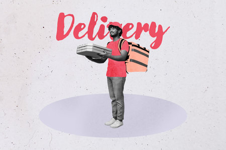 Creative full pop artwork collage of happy guy stand box shipment fast delivery service distribution logistic courier orderの写真素材