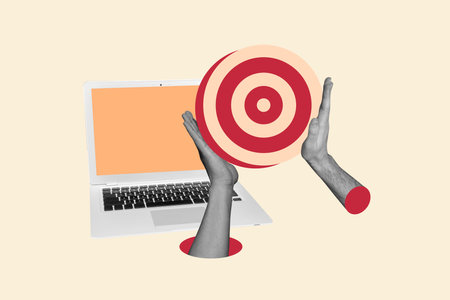 Banner full image sketch collage of happy businessman businesswoman stand laptop device target icon development career purposeの写真素材