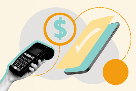 Creative full art collage of hand hold pos terminal contactless payment approval checkmark approval...