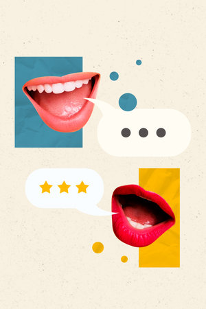 Creative trend artwork design 3D collage of two mouth lips speech note texting sms chatting email bubble communication three star ratingの写真素材