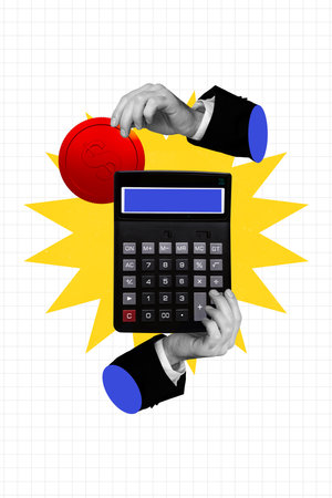 Trend artwork sketch design montage 3D collage of hand hold calculator count money economy savings cash trade finance coins dollarsの写真素材