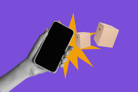 Composite sketch image design trend artwork collage of courier service buy shopping seller hand hold smartphone ecommerce box online orderの写真素材