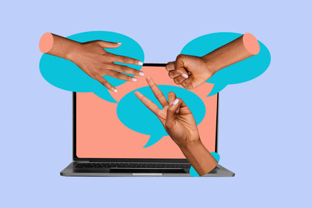 Trendy poster art collage of human hands girl guy stand open laptop bubble communication speech icon...
