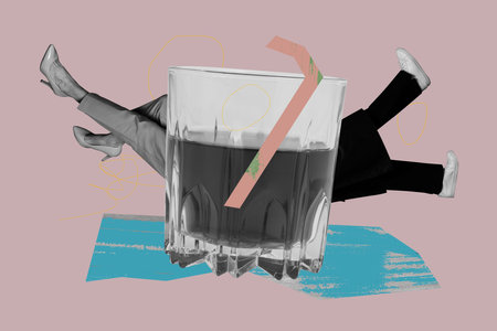 Trendy art creative full zine photo collage of anonym girl guy legs peek coke glass fizzy beverage lemonade nightclub chillの写真素材