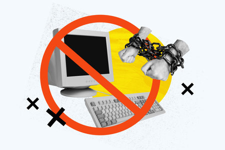 Trend artwork poster composite sketch collage of obsolete computer monitor keypad button hand wear...