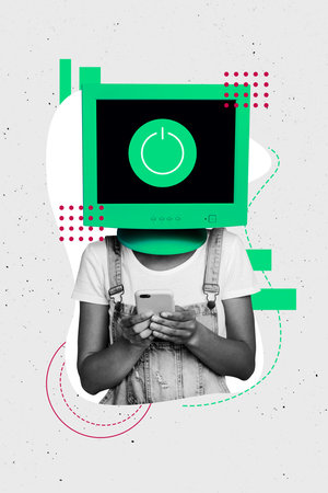 3D collage design composite trend artwork sketch of obsolete monitor head on button hand hold smartphone worker recruitment managerの写真素材