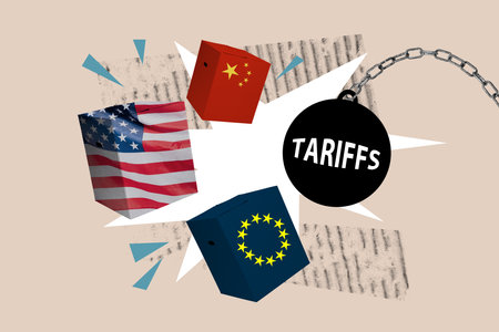 Trend artwork poster sketch image collage of metal chain ball tariffs box usa china europe sanctions international trade relationsの写真素材