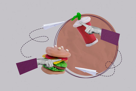 Trend art collage of human hand having realistic burger soda on grey backgroundの写真素材