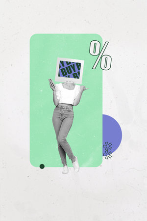 Trend creative collage of person with pc computer point face buy screen percent on white backgroundの写真素材