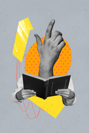 Poster image sketch vertical collage of hands hold book education instead head arm gesture magazine bookworm hobby novelの写真素材