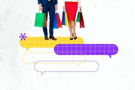 Trend artwork collage template composite of half body man lady stand hold bag text note texting chatting speech bubble onlineの写真素材