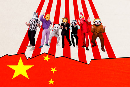 Trend artwork banner 3D photo collage of group people mask head wild animal stand world economy trade international financeの写真素材