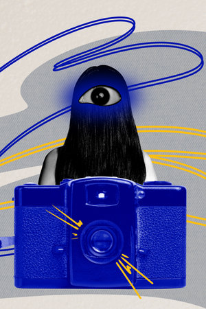 Template sketch image composite artwork collage of woman back third eye watch camera shooting escape...