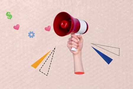 Creative 3D photo collage trend artwork template of hand hold loudspeaker proclaim like banner cogwheel dollars symbol icon social mediaの写真素材