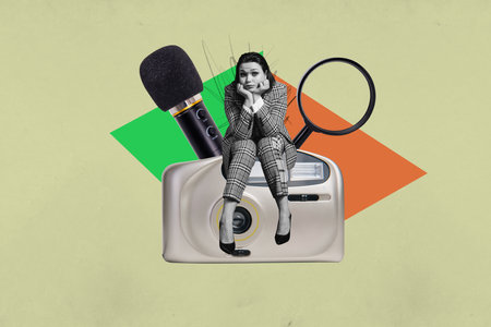 Creative full artwork collage of happy girl guy sit retro camera shooting paparazzi magnifier research microphone karaoke partyの写真素材