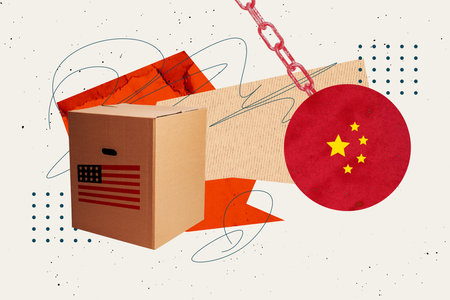 Creative composite sketch design collage of distribution American box China ball sanctions inflation crisis economy marketの写真素材