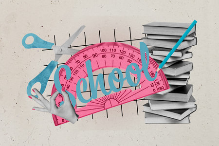 Composite photo collage design trend sketch of pile book school banner ruler stationery scissors...