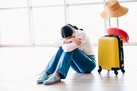 Sad woman sitting at the airport with luggage, feeling emotional and reflecting while waiting for her travel journeyの写真素材