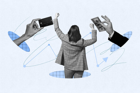 Trend image full art photo collage of happy businesswoman businessman receive dollar cash banknotes income credit card cashlessの写真素材