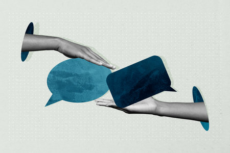 Collage of hands person people using speech bubbles representing chatting online messaging social media communicationの写真素材