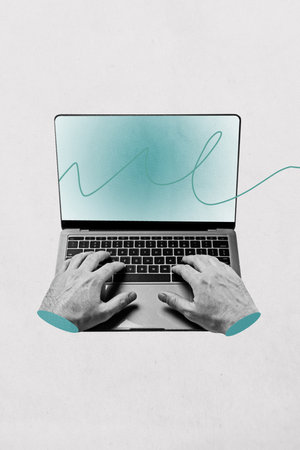 Composite sketch image design trend artwork collage of hand type laptop keypad display vacancy office entrepreneur workspace managerの写真素材