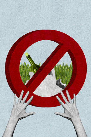 Creative artwork template image 3D collage of hand hold stop cross sign bottle glass eco activist conservation environment planet supportの写真素材