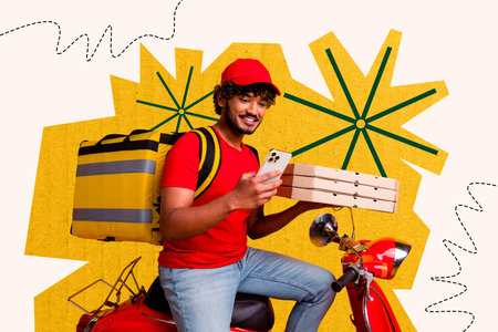 Creative full art collage of happy guy delivery worker hold phone courier shipment food pizza box wear rucksack sit vespa mopedの写真素材