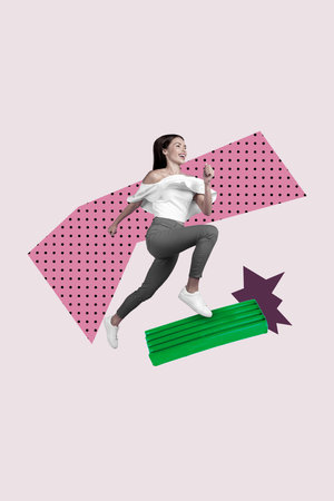 Vertical image sketch vertical collage of happy businessman businesswoman stand plasticine piece aim achievement successの写真素材