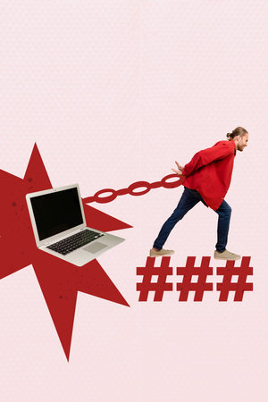 Sketch image trend artwork montage 3D collage of young man walk hold chain connection laptop...