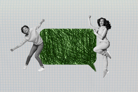 3d sketch image full collage of happy girl guy stand bubble communication scribble icon speech...