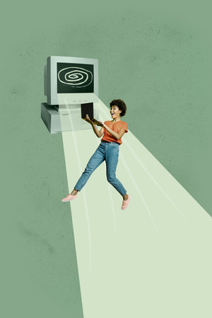 Artwork banner vertical photo collage of happy guy girl stand hypnosis doodle fake news propaganda pc monitor cyberbullyの写真素材