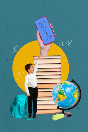 3d zine image photo collage of happy schoolboy stand book stack hand hold phone artificial intelligence backpack globe supplies gpt