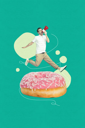 Collage of person near giant sandwich pizza bakery donut pie blending fast food imagery with modern cultureの写真素材