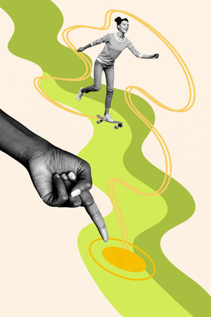 Template sketch image composite artwork collage of body language showing symbol hand sign point young lady smile ride skateboard outdoorsの写真素材