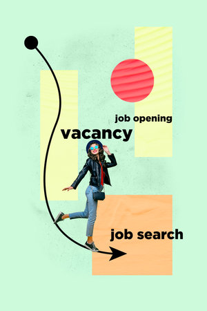 Vertical image sketch 3d collage poster of happy employee girl guy stand arrow vacancy hiring interface business human resources cvの写真素材