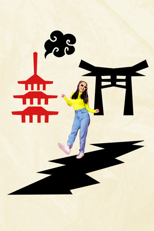 Trend artwork banner sketch 3D photo collage of young lady walk wear sunglass summer travel asian national oriental element cloud gateの写真素材