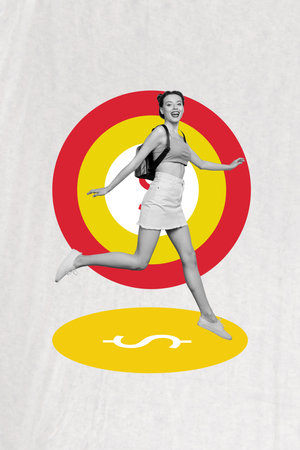 Composite photo collage design trend sketch of young woman student smile run success target...