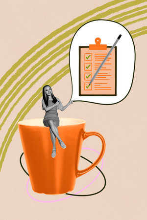Zine art poster trend collage image of happy businesswoman sit coffee cup beverage point bubble...