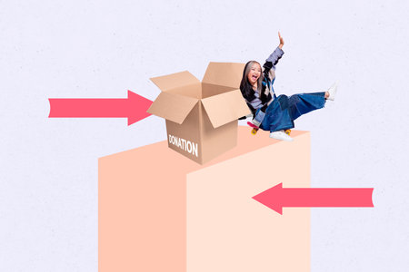 Trend composite sketch template 3D collage of arrow show donation box young lady sit skateboard...