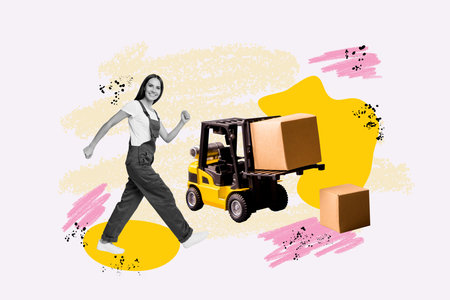 Trend composite sketch template 3D collage of industrial technician builder repair uniform service young woman walk delivery box machineの写真素材