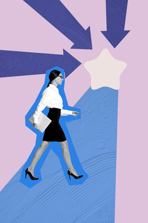 Composite sketch design artwork 3D photo collage of young businesswoman walk hold laptop arrow show star aim success review ratingの写真素材