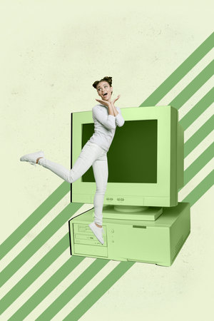 Vertical 3d poster art pop collage of happy businesswoman businessman stand pc monitor desktop mouse...