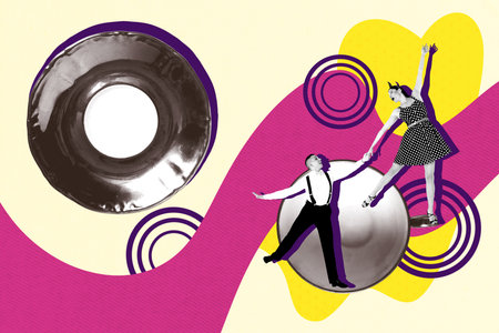 3D photo collage sketch template artwork of young lady man culture studio elegance fashion pose choreography passion dance tea cup drinkの写真素材