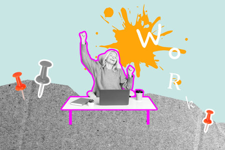 Sketch 3D collage trend artwork of pin supply aged woman sit table work laptop cup drink coffee relax office worker manager hr recruitmentの写真素材