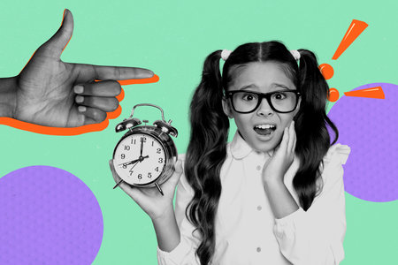 Trend artwork composite banner 3D photo collage of young girl shocked hold clock time finger point showing back school lesson pupil fallの写真素材